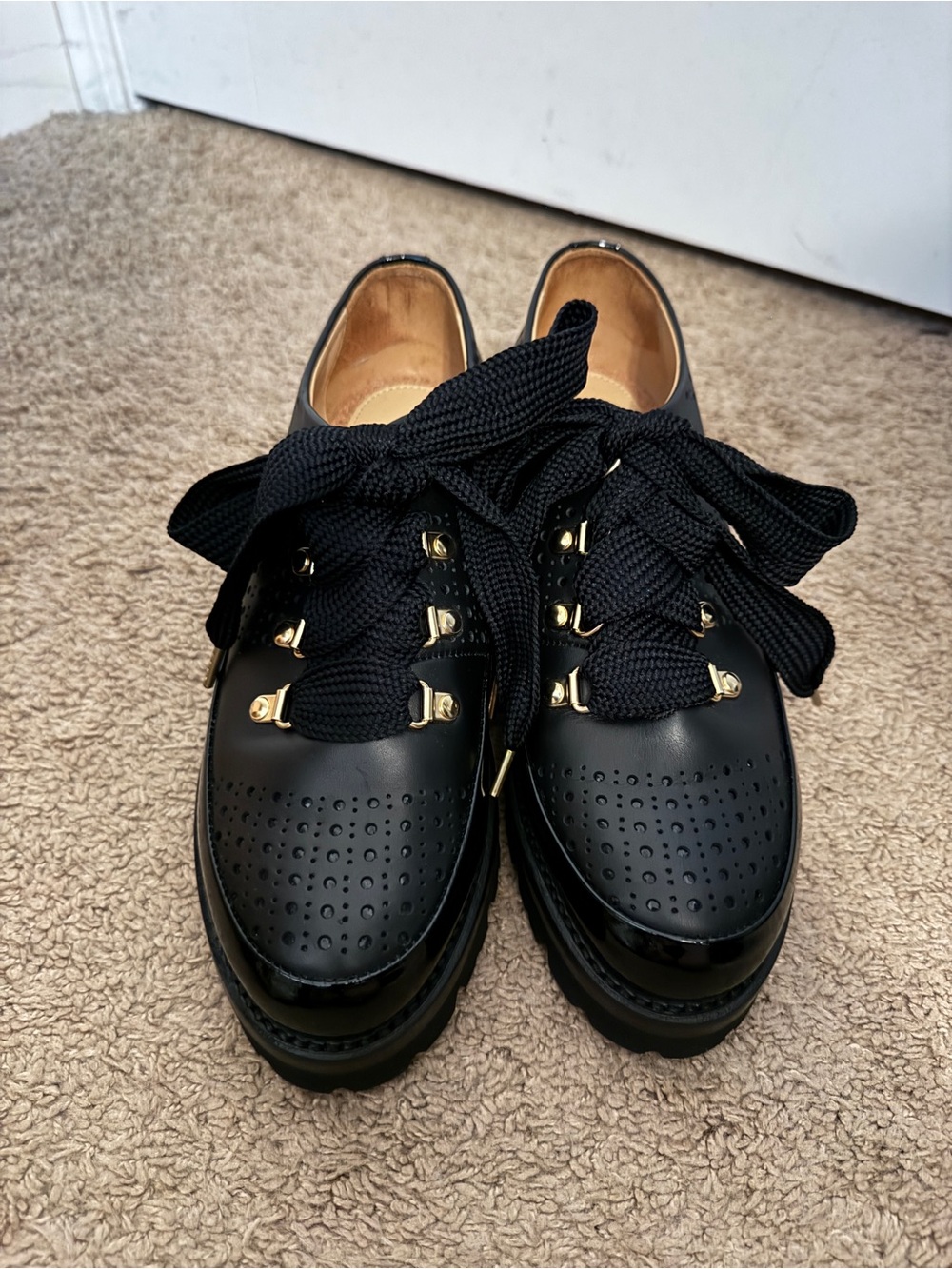 Black Perforated Lace-Up Platform Boots with Gold-Tone Hardware